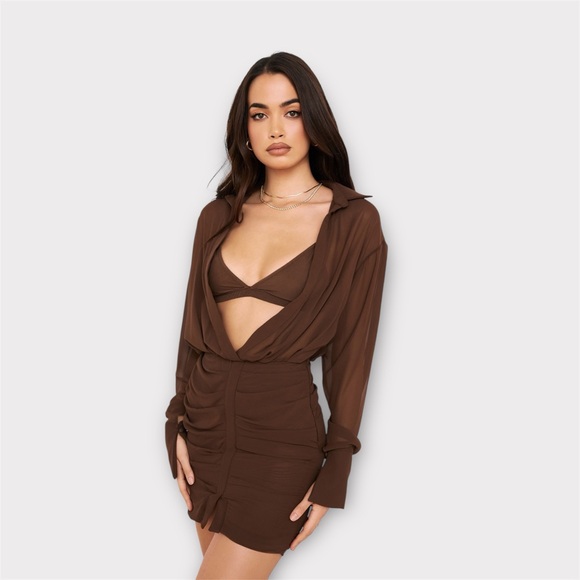 HOUSE of CB Small NWT CLEO Chocolate Chiffon Shirt Dress - Picture 8 of 16